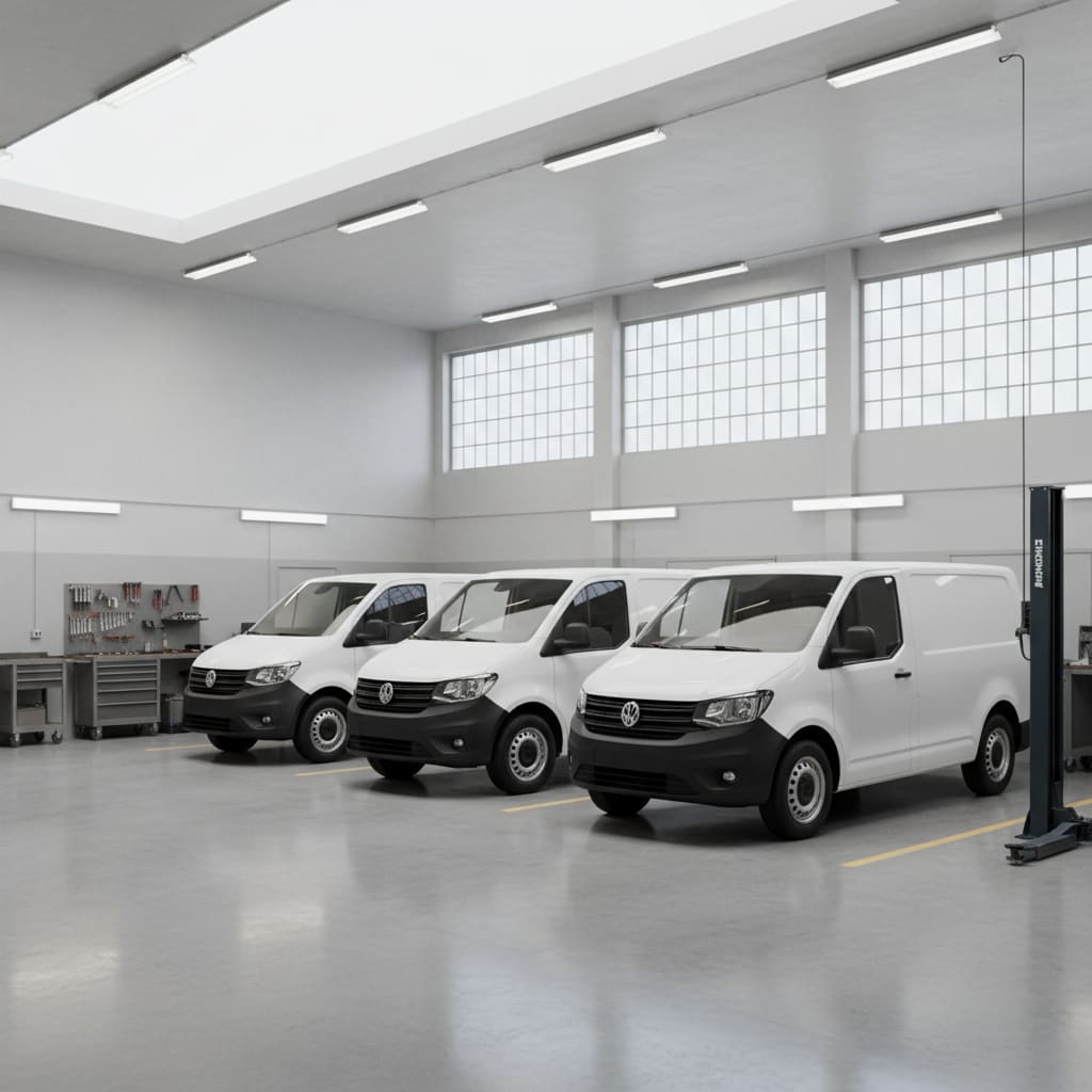 Row of commercial vans near a workshop