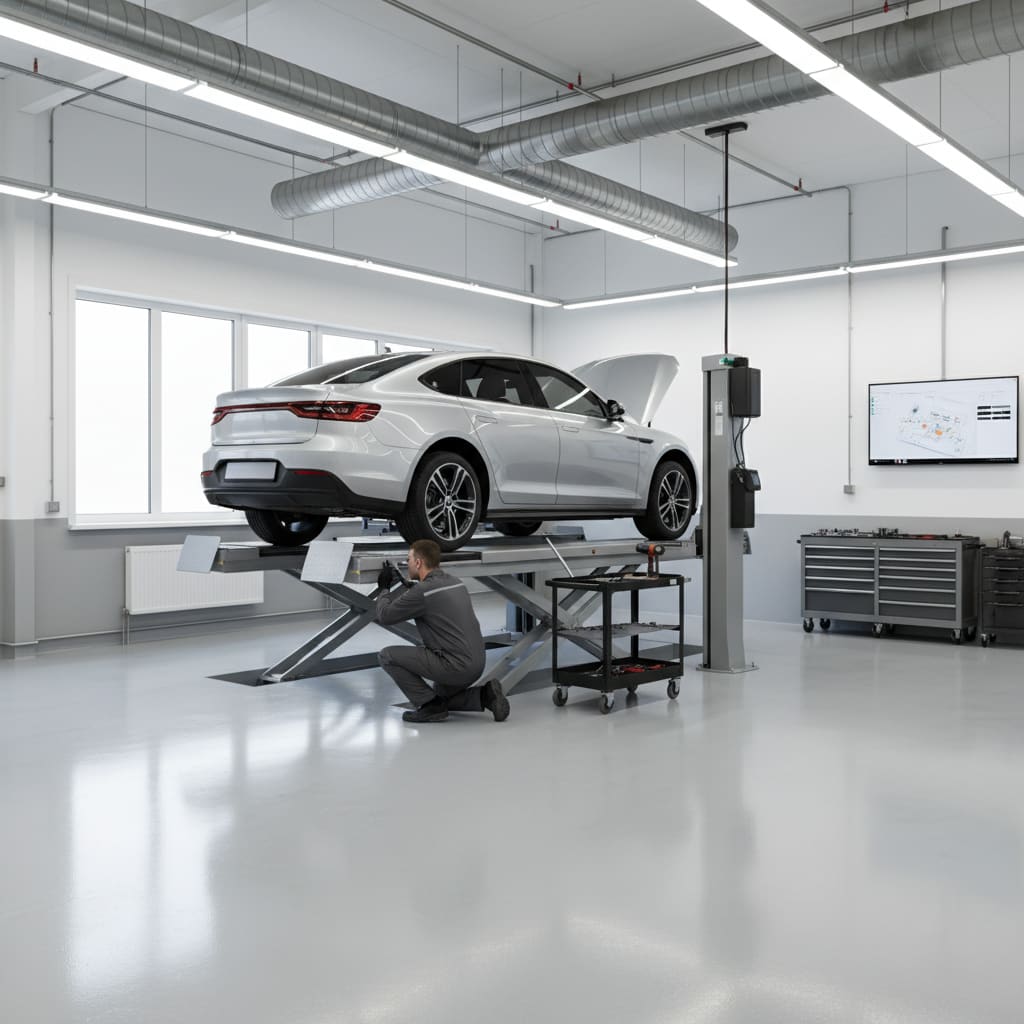 Clean automotive repair bay with vehicle on lift